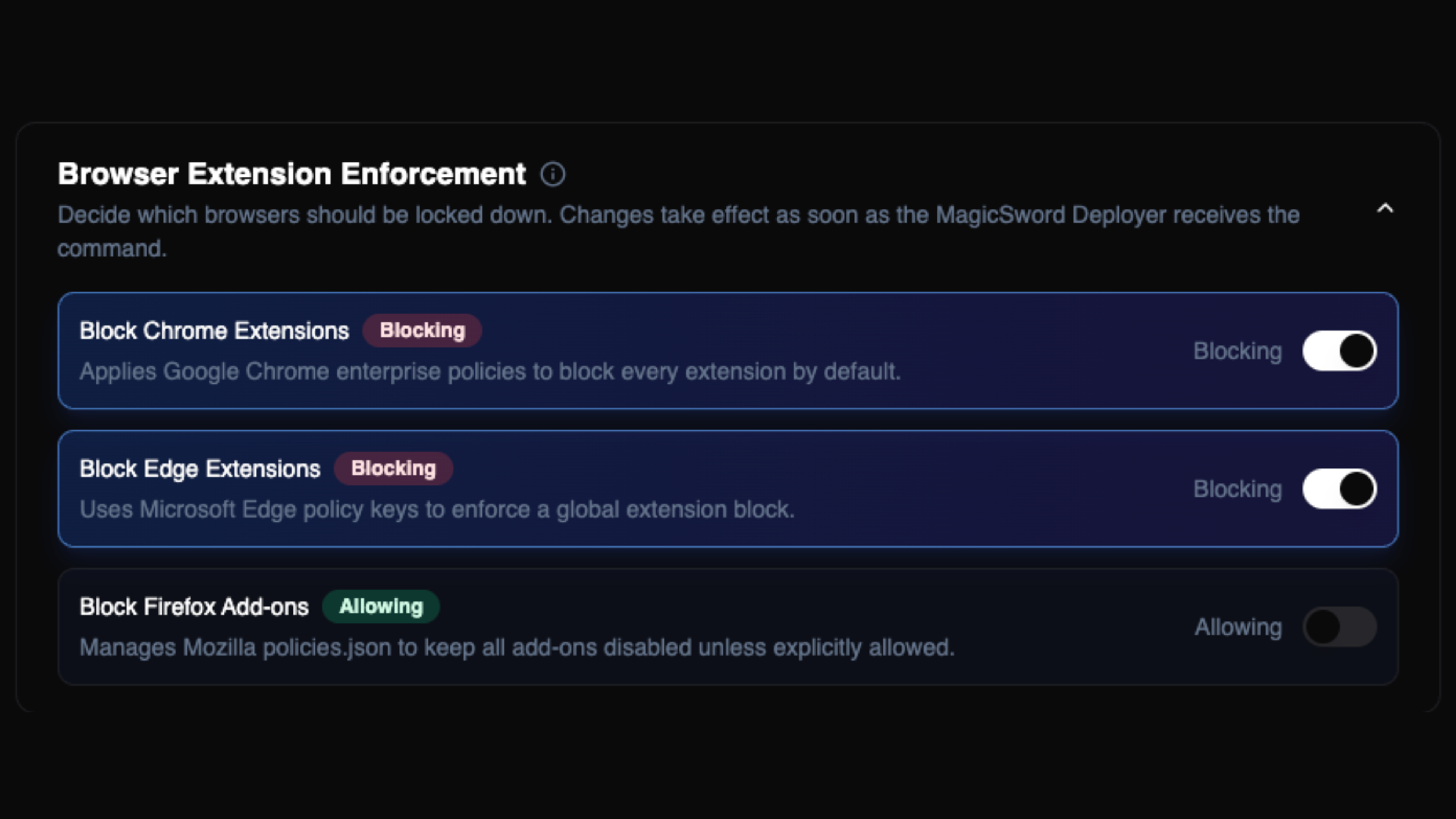 MagicSword security console displaying browser extension enforcement controls, blocking extensions across Google Chrome, Microsoft Edge, and Mozilla Firefox to reduce browser-based attack surface.