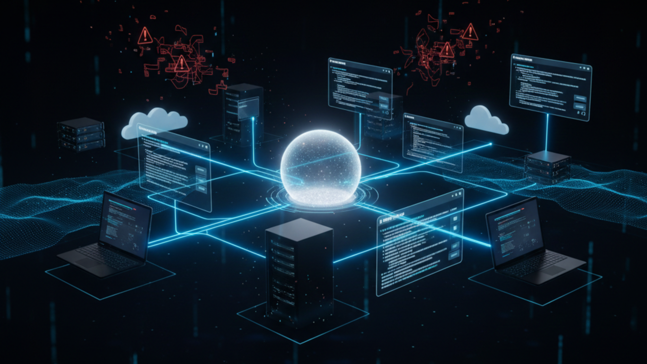 Cybersecurity network visualization showing prevention of malicious scripts and remote access tools across connected systems