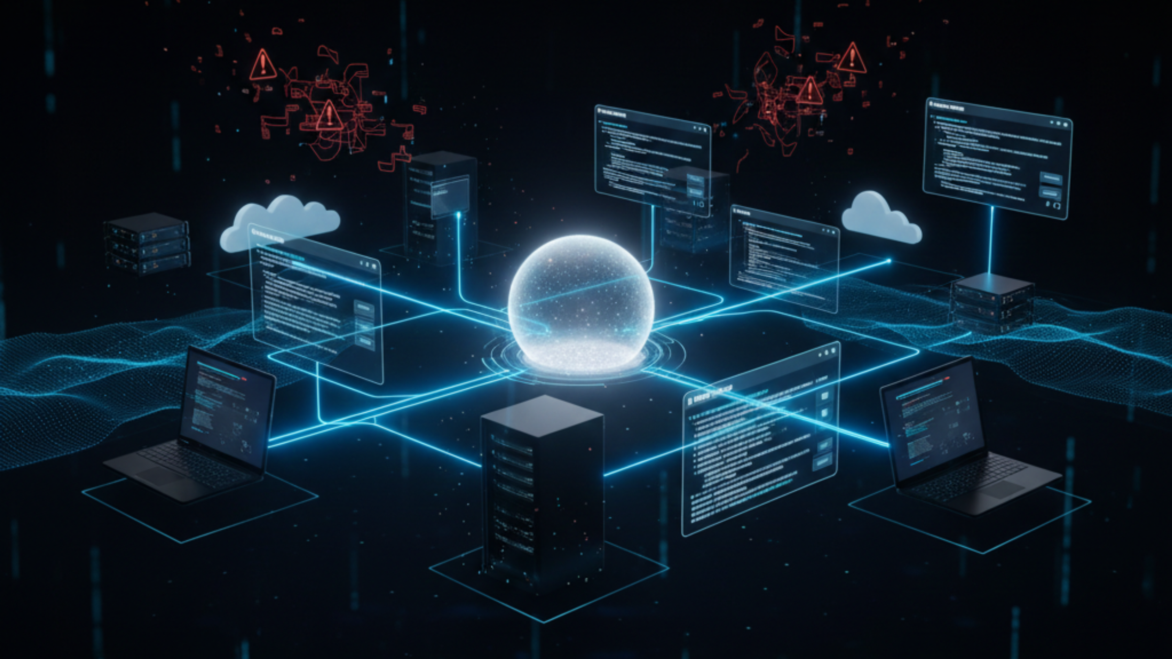 Cybersecurity network visualization showing prevention of malicious scripts and remote access tools across connected systems