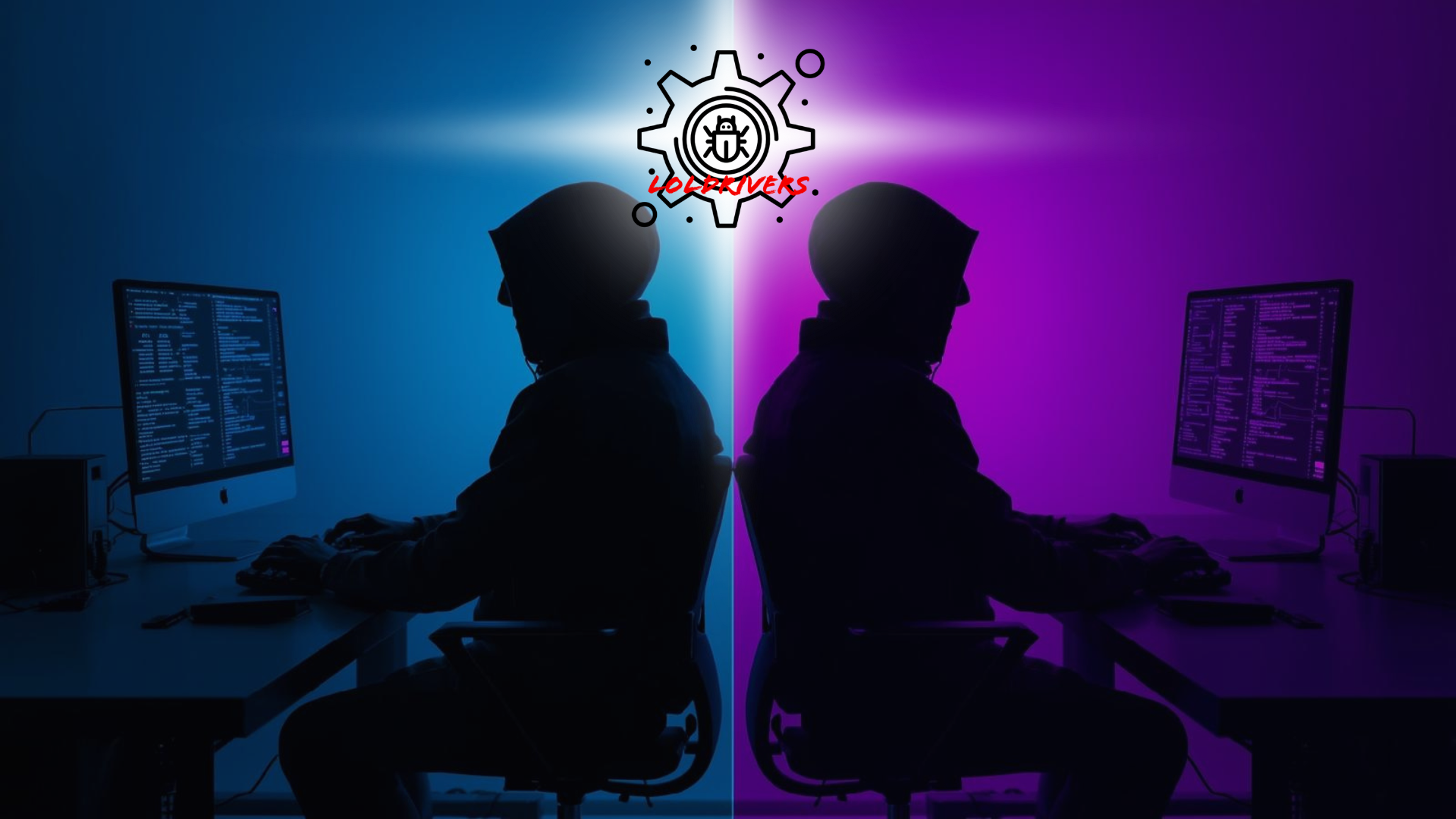 “Abstract cybersecurity illustration showing two analysts working quietly on separate computers in red and blue environments, representing collaborative research and early contribution to the LOLDrivers vulnerable driver database.
