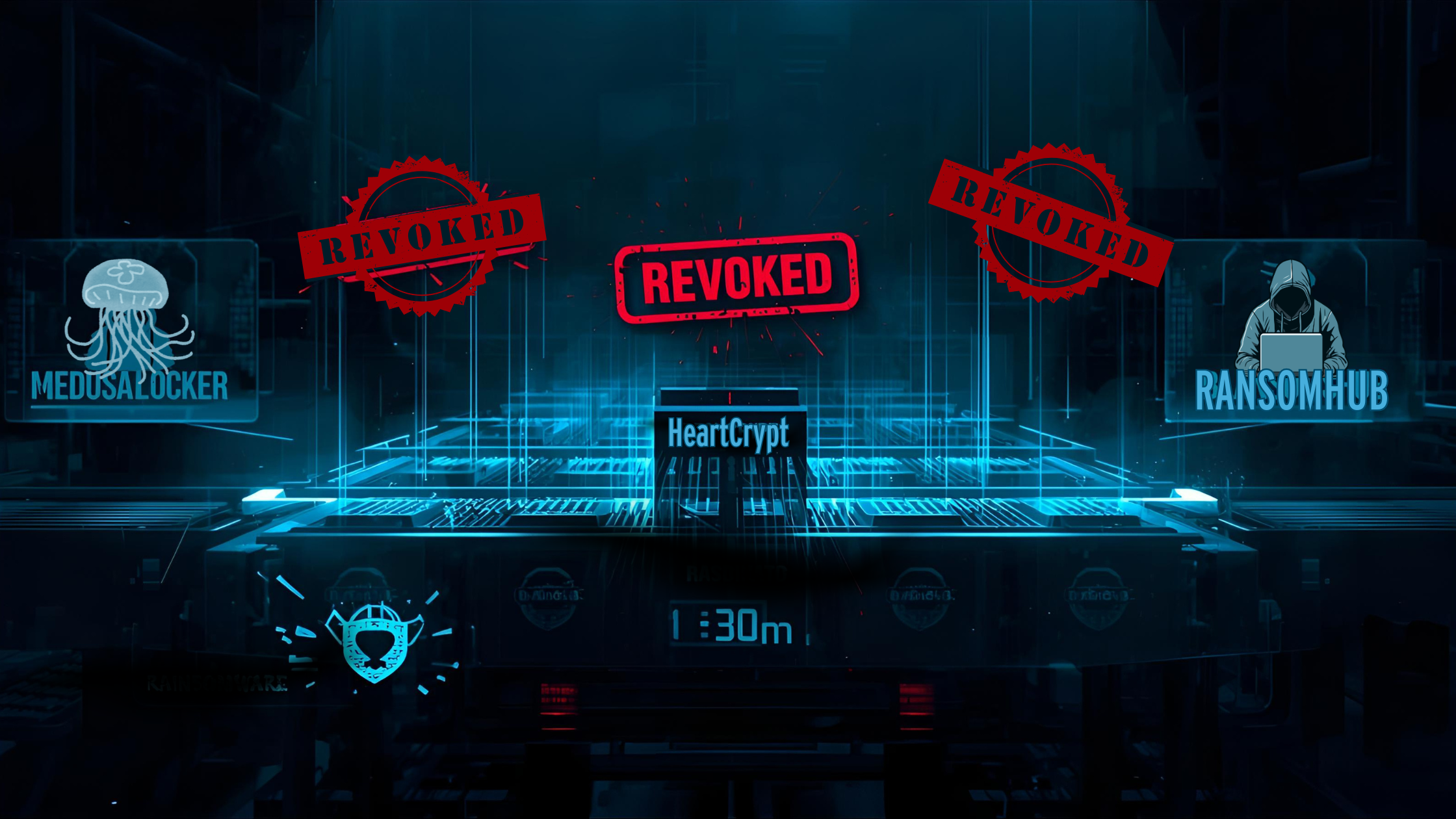 Visualizing the revocation of major ransomware threats including MedusaZucker, HeartCrypt, and Ransomhub in a dark-mode digital environment