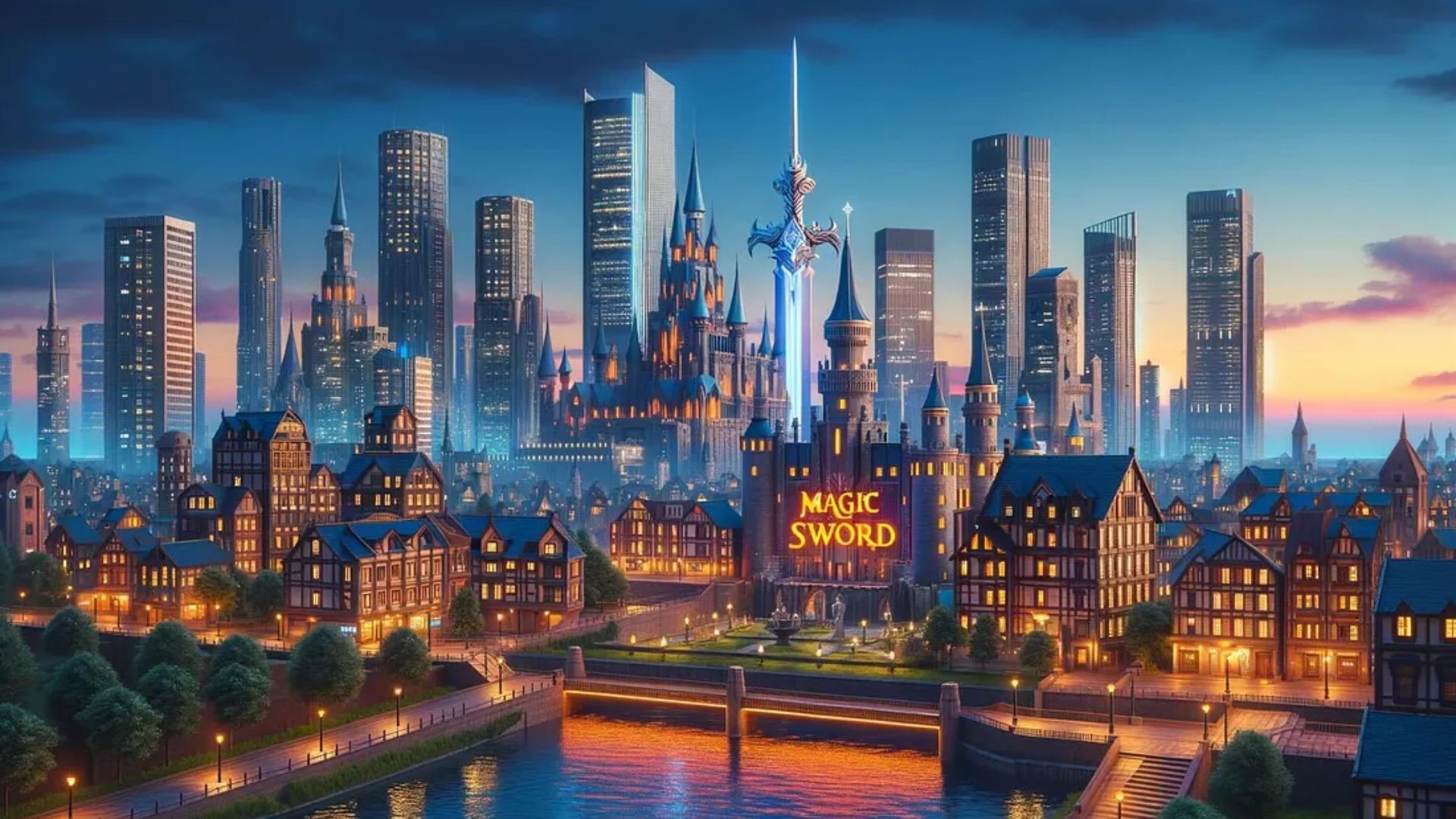 City with a glowing sword above the MagicSword castle, symbolizing strong kernel-level protection using HVCI against malicious LOLDrivers