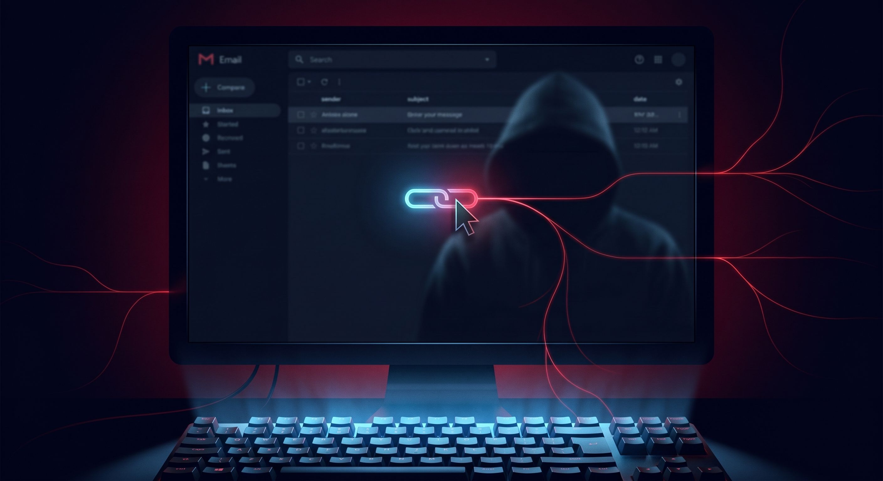 Cinematic close-up of a cursor hovering over a glowing link in a dark email interface, the screen casting cold blue light onto the keyboard below, in the background a faint hooded figure reflected in the monitor glass, neon red connection lines beginning to branch outward from the screen into the darkness