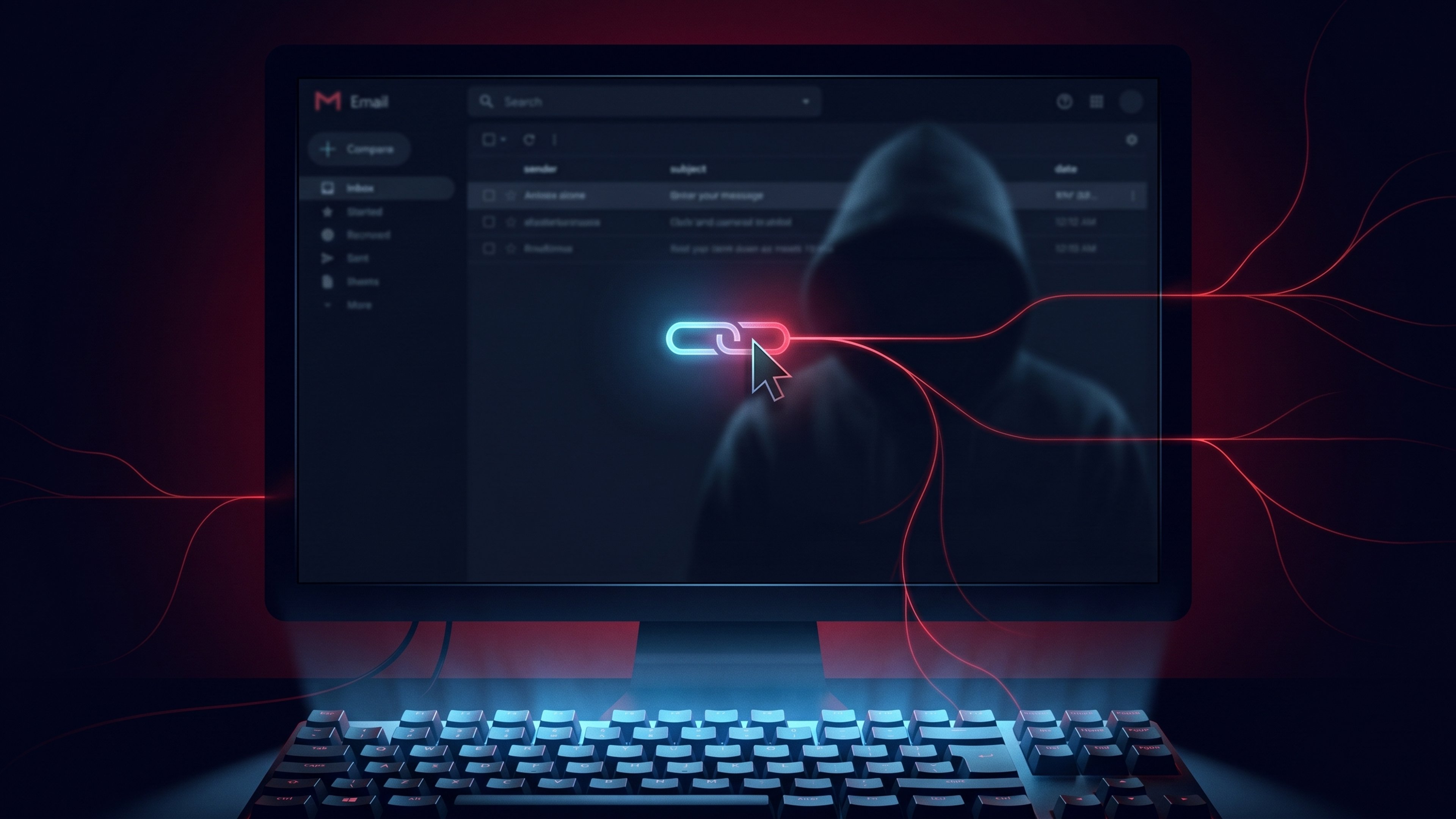 Cinematic close-up of a cursor hovering over a glowing link in a dark email interface, the screen casting cold blue light onto the keyboard below, in the background a faint hooded figure reflected in the monitor glass, neon red connection lines beginning to branch outward from the screen into the darkness