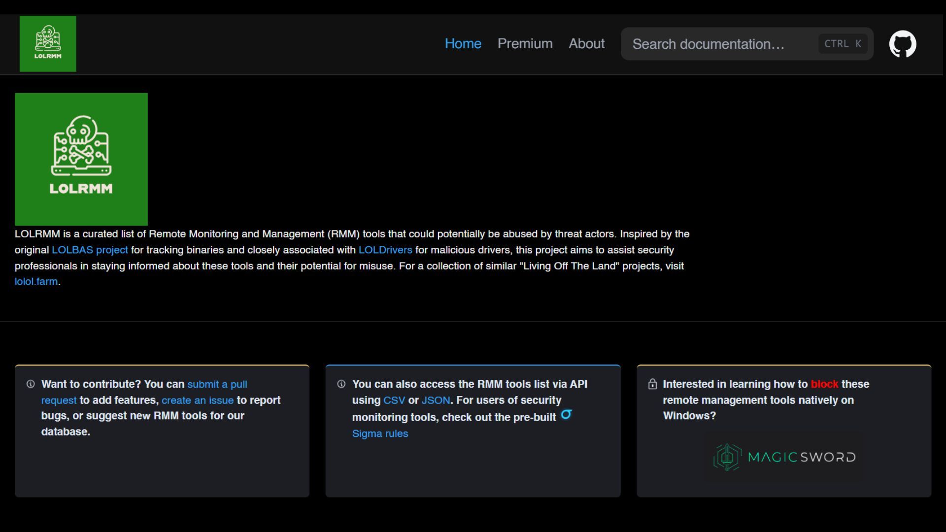 Homepage of the LOLRMM project displaying its RMM tool tracking description, resource links, API options, and MagicSword integration for blocking remote management tools
