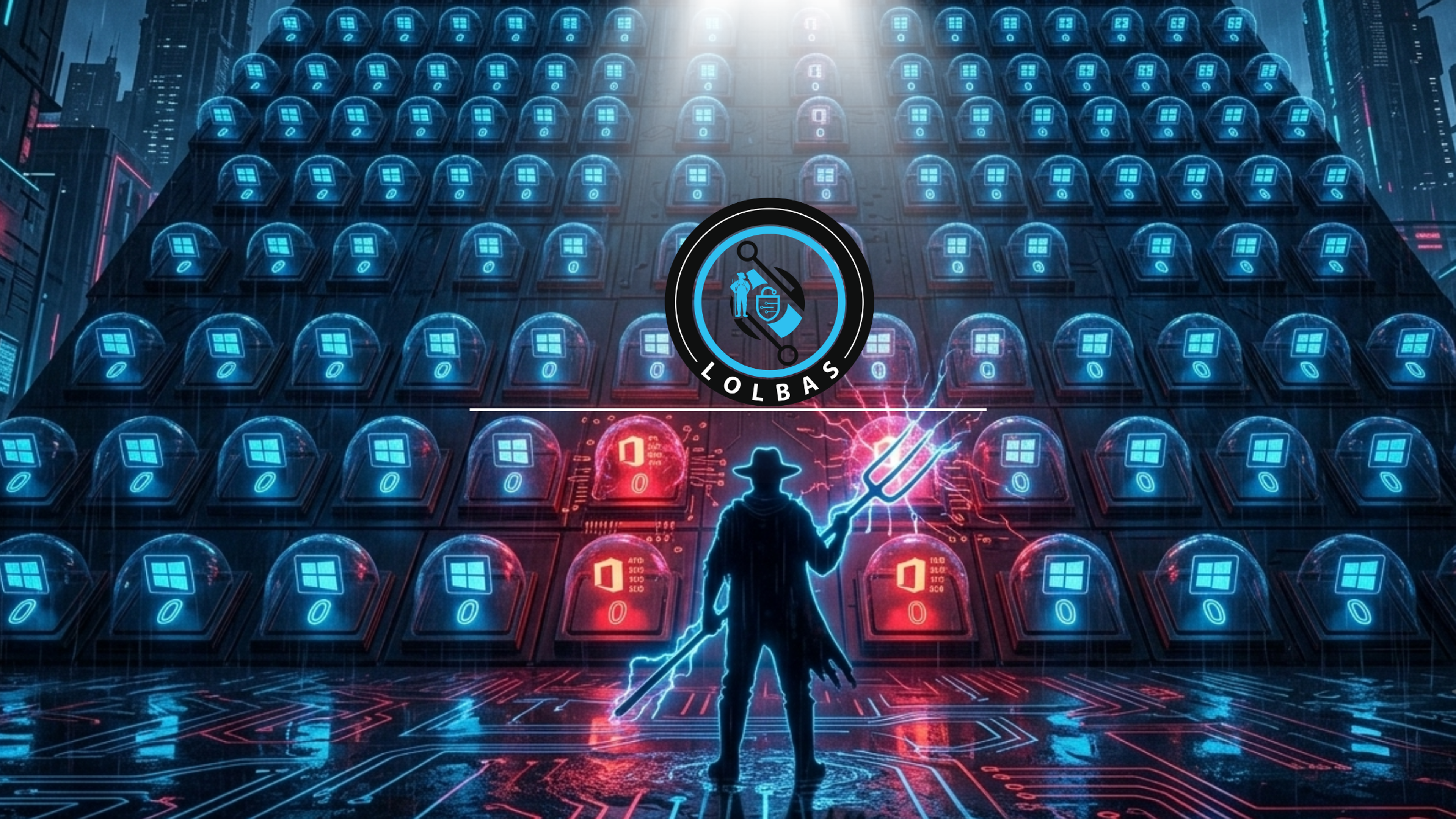 A cyberpunk figure wielding an electric blue pitchfork stands before a massive wall of Windows binary tools sealed in glowing blue domes, three red-lit domes in the center exposed and under threat — visualizing the LOLBAS catalog and the case for blocking unused system binaries before attackers can weaponize them.