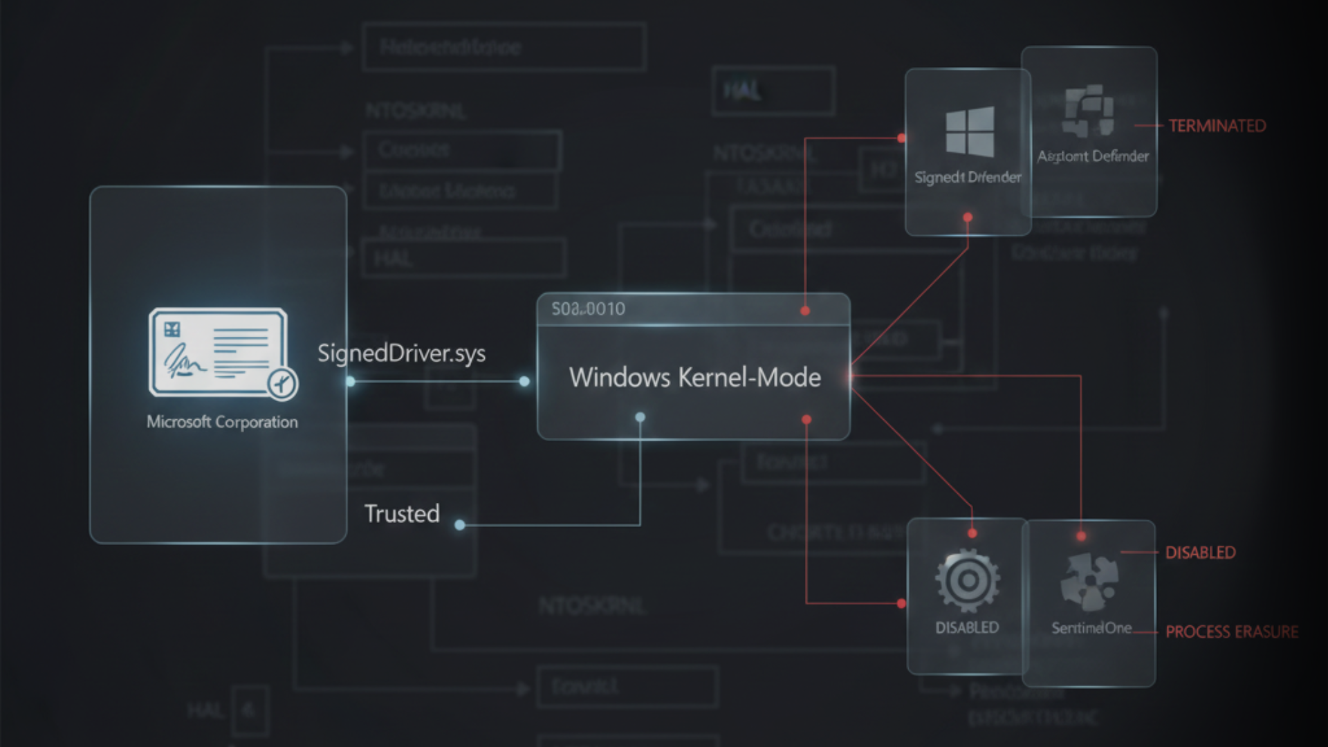 Illustration showing a Microsoft-signed Windows kernel driver disabling endpoint detection and response (EDR) software, highlighting how POORTRY malware abuses legitimate digital certificates to bypass security controls.