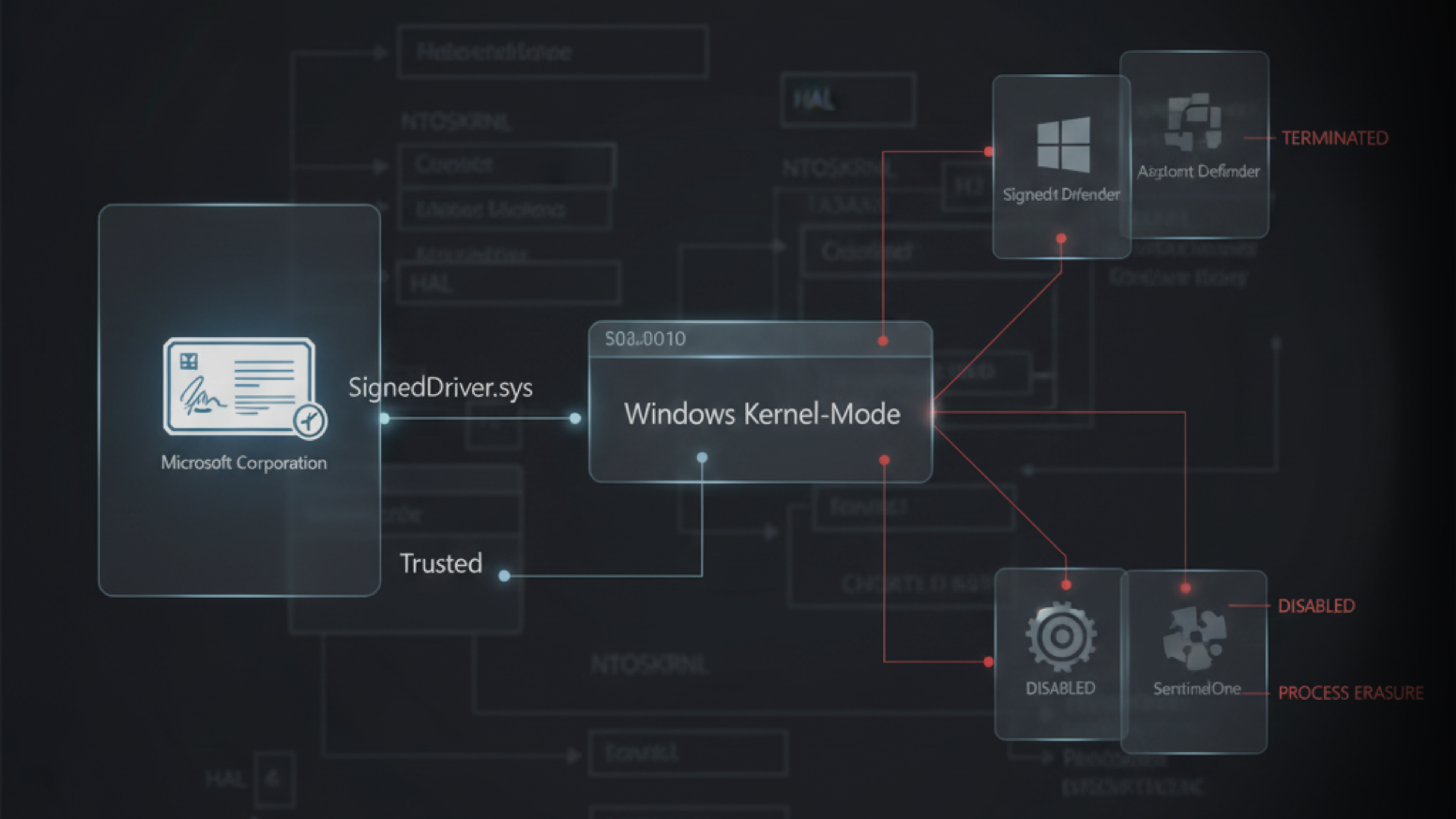 Illustration showing a Microsoft-signed Windows kernel driver disabling endpoint detection and response (EDR) software, highlighting how POORTRY malware abuses legitimate digital certificates to bypass security controls.