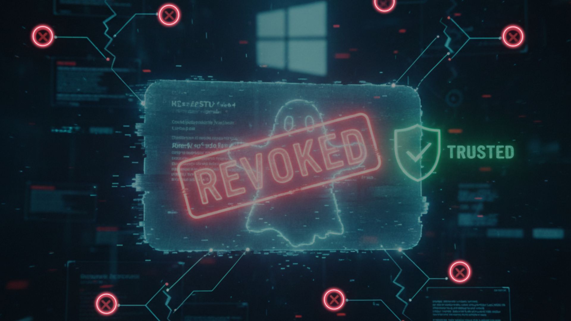 Cybersecurity graphic showing a ghost-shaped code-signing certificate stamped ‘REVOKED’ but still labeled ‘TRUSTED’ on a Windows interface, representing how outdated or compromised digital certificates continue to validate malware on modern Windows systems