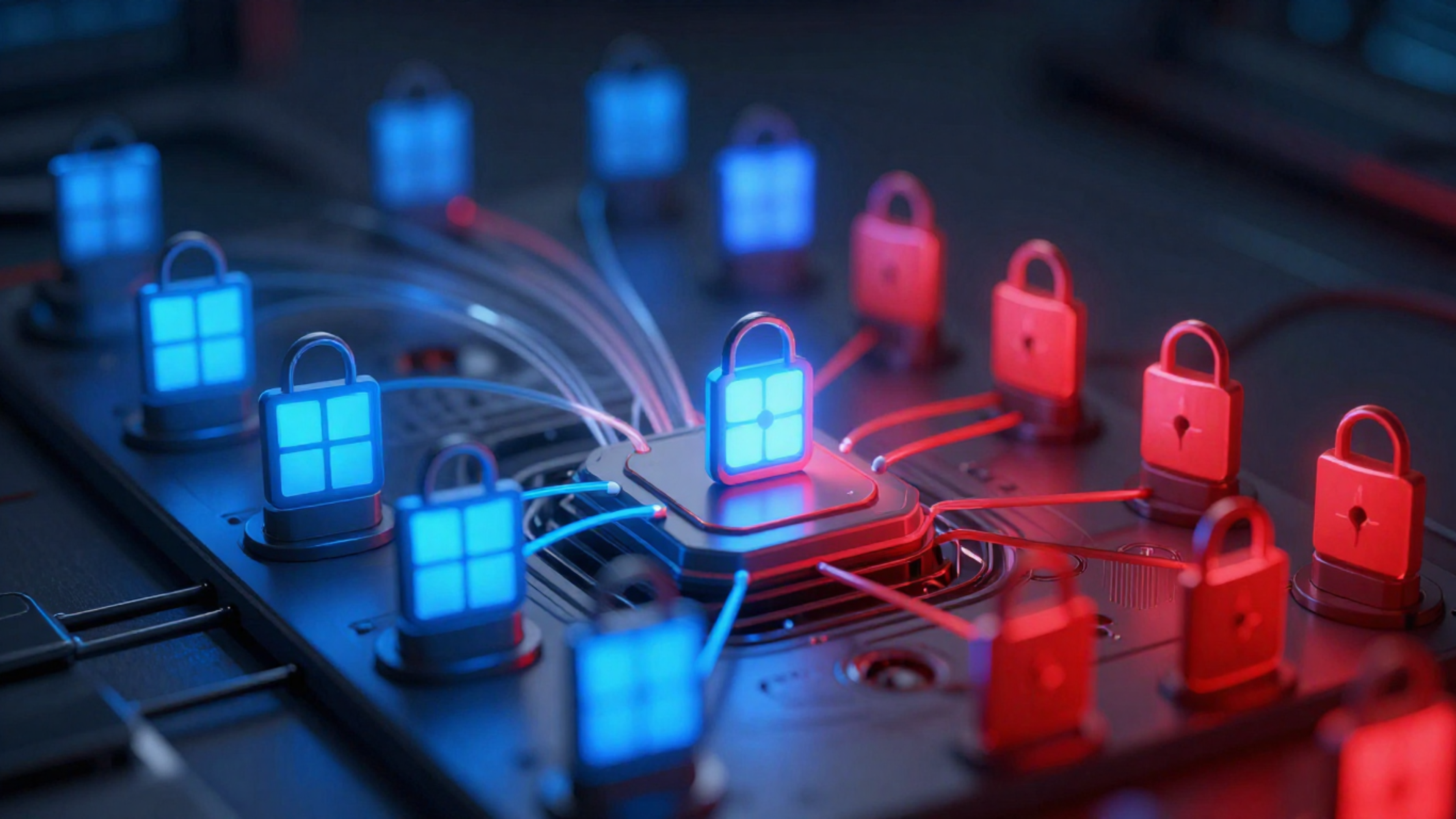 Visualization of authorized vs blocked RMM tools using blue and red padlocks in an intelligence-driven application control environment.