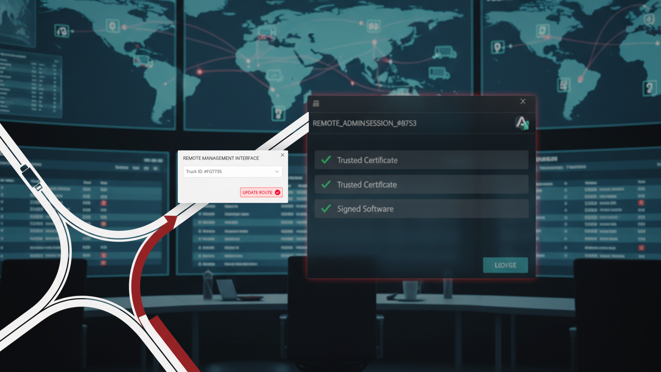 Illustration showing a freight route being redirected through a remote administration session marked as trusted and signed software, highlighting abuse of legitimate remote management tools.