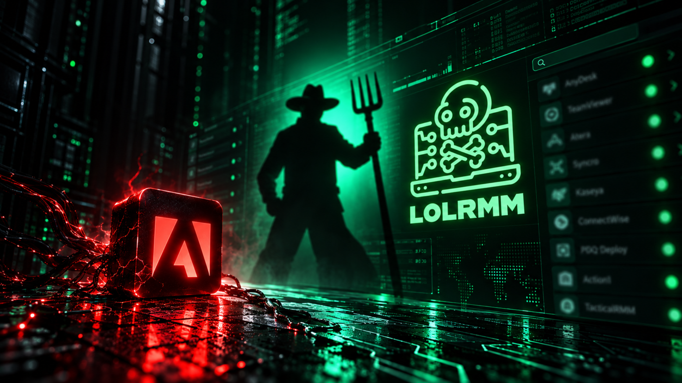 A cinematic dark environment showing a glowing blue Adobe logo cube in the foreground, behind it the teal silhouette of the LOLRMM farmer figure holding a pitchfork, next to a glowing LOLRMM skull and crossbones logo, with a catalog of remote management tools — AnyDesk, TeamViewer, Atera, ConnectWise, and others — visible on the right, visualizing how legitimate brand names like Adobe are used to disguise real remote management software catalogued in LOLRMM.