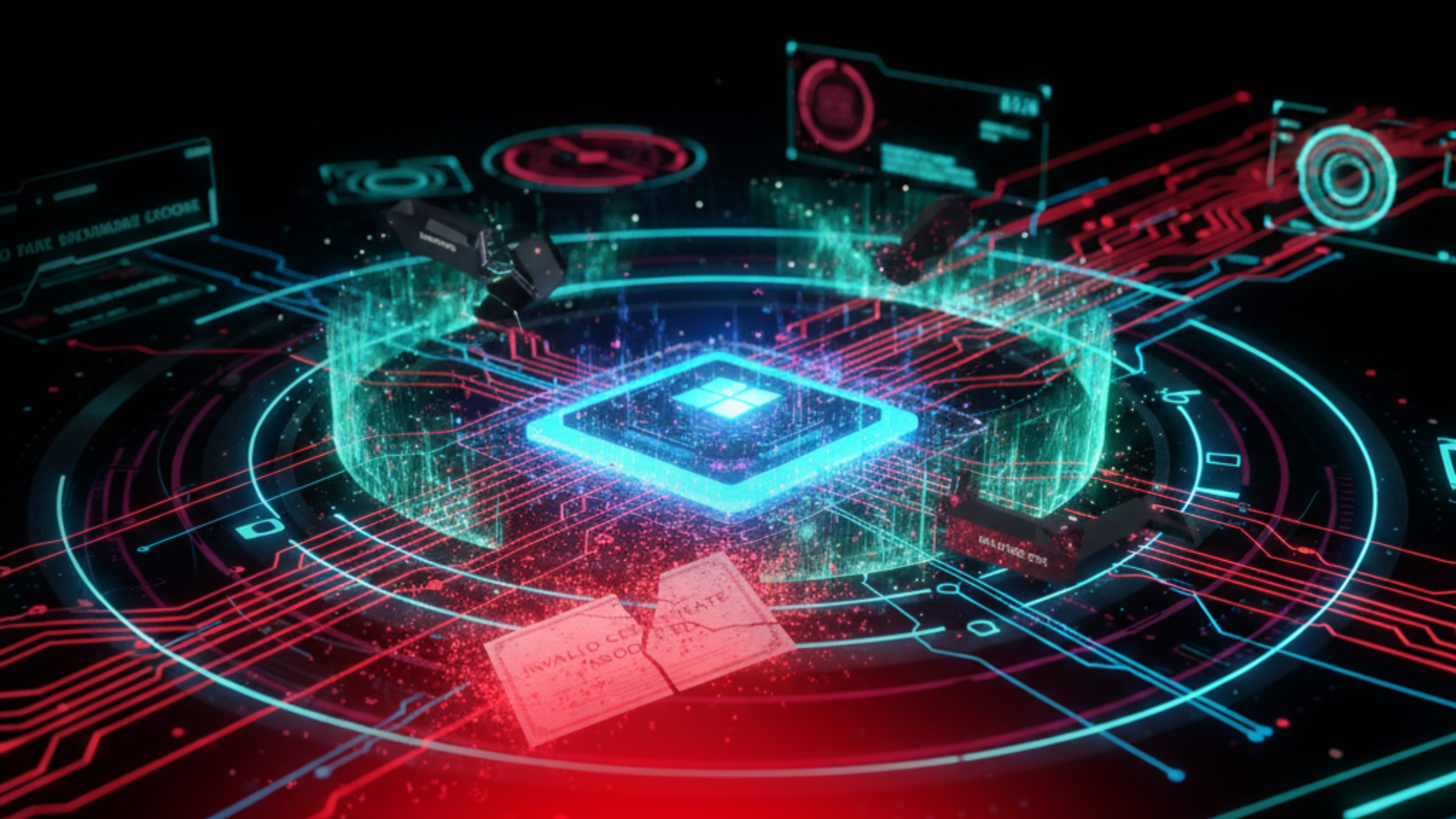 Futuristic visualization of a Windows kernel environment with neon data streams and a cracked driver certificate being blocked by a security barrier, representing prevention of malicious and vulnerable driver abuse at the kernel level.