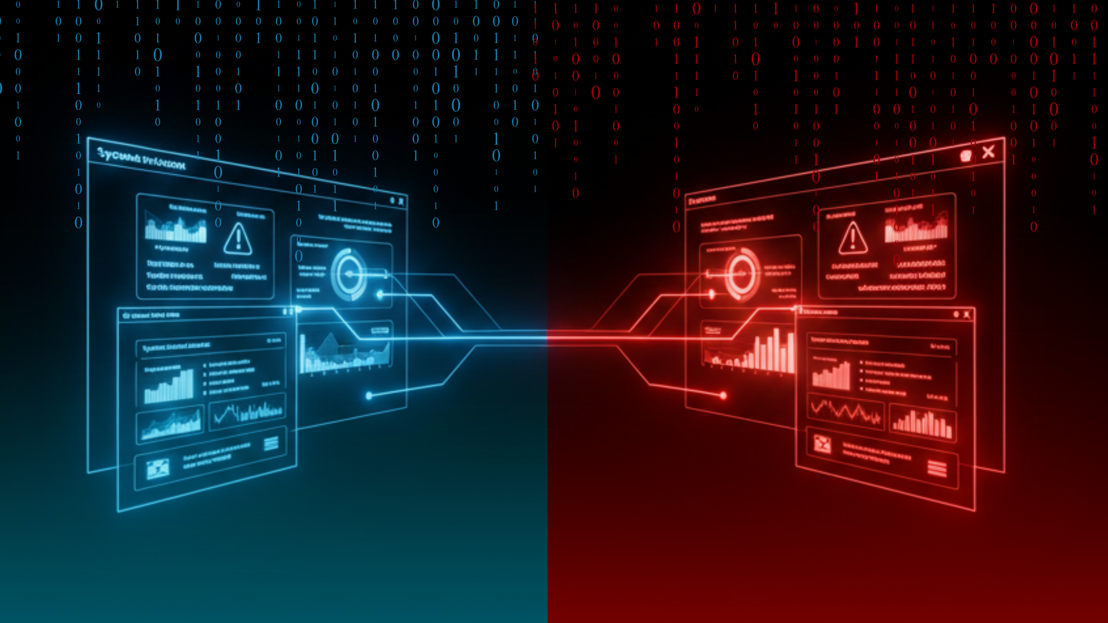 Split-screen cybersecurity visualization showing legitimate RMM activity on the left in neon blue and abused RMM activity on the right in neon red, illustrating how trusted remote management tools are exploited by attackers.