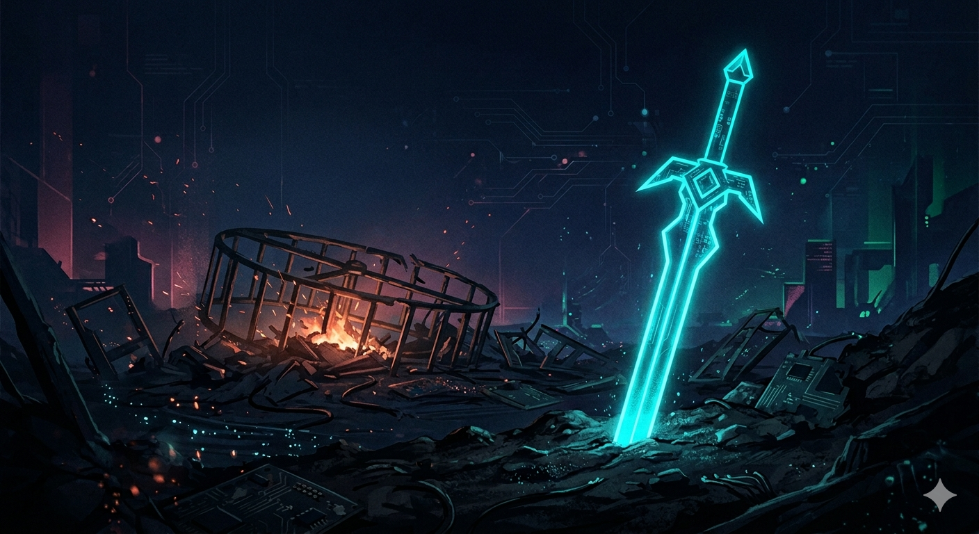A glowing neon-blue sword embedded in a dark, futuristic cyber battlefield surrounded by broken systems, burning infrastructure, and scattered circuit boards—symbolizing cybersecurity prevention, blocking common attacker techniques, and breaking the detection-only cycle, aligned with themes of “living off the land” (LOTL), repeated adversary techniques, and the shift from detection engineering to proactive threat prevention in modern enterprise security.