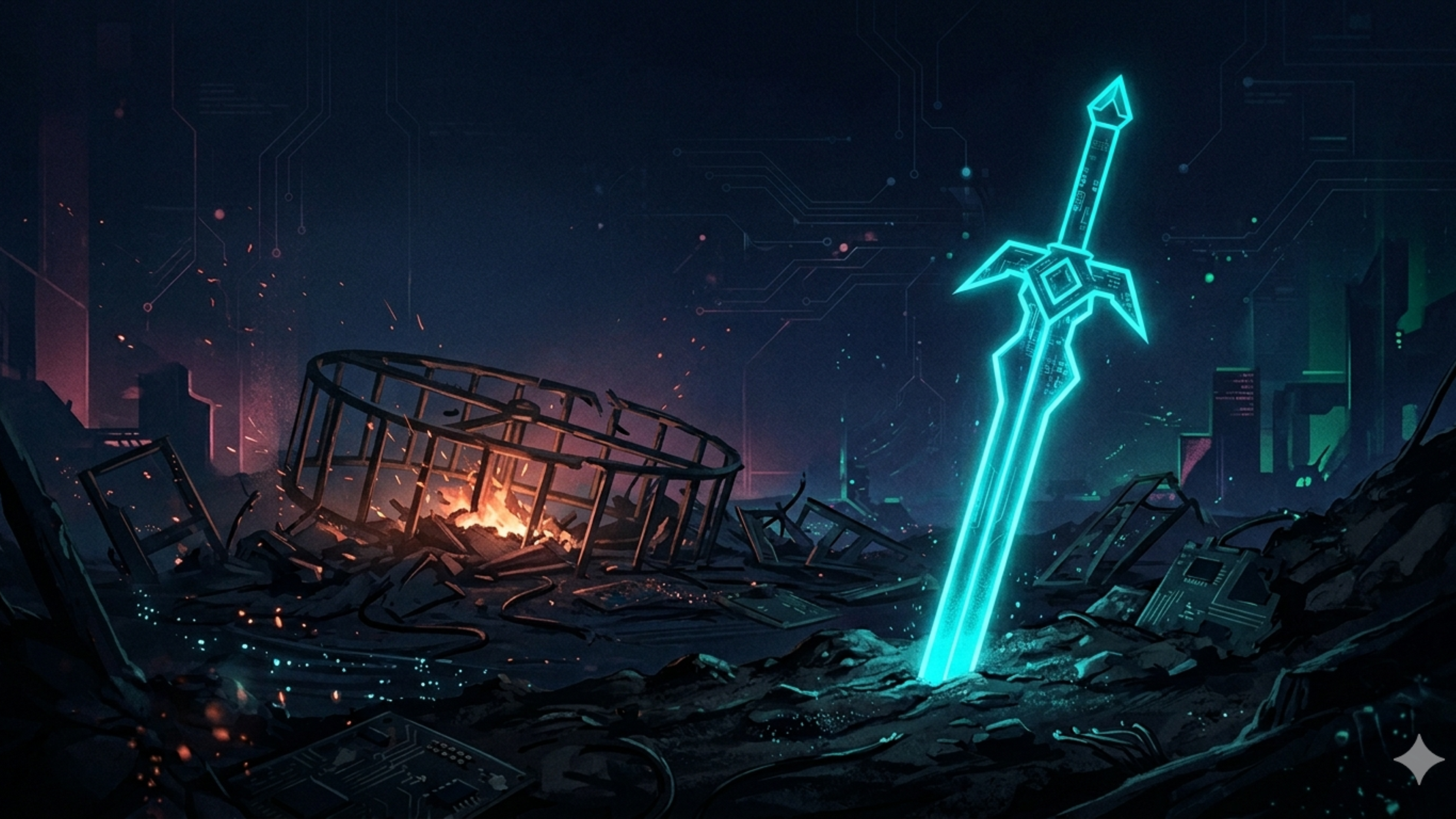 A glowing neon-blue sword embedded in a dark, futuristic cyber battlefield surrounded by broken systems, burning infrastructure, and scattered circuit boards—symbolizing cybersecurity prevention, blocking common attacker techniques, and breaking the detection-only cycle, aligned with themes of “living off the land” (LOTL), repeated adversary techniques, and the shift from detection engineering to proactive threat prevention in modern enterprise security.