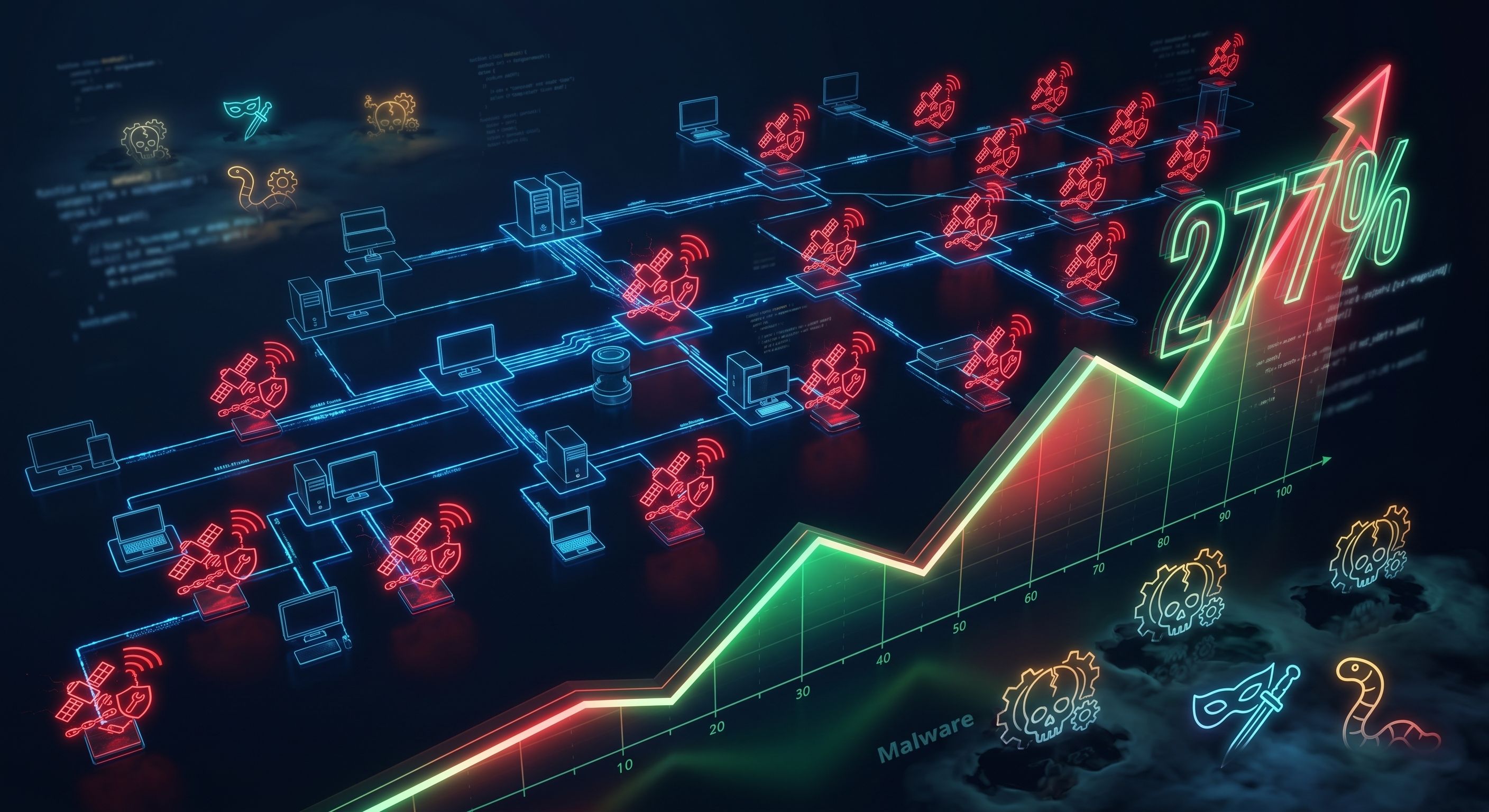Cybersecurity visualization showing a 277% rise in RMM abuse attacks across enterprise networks, with remote management tools spreading between connected endpoints while traditional malware threats decline in the background, highlighting the shift toward living-off-the-land and remote access exploitation techniques.
