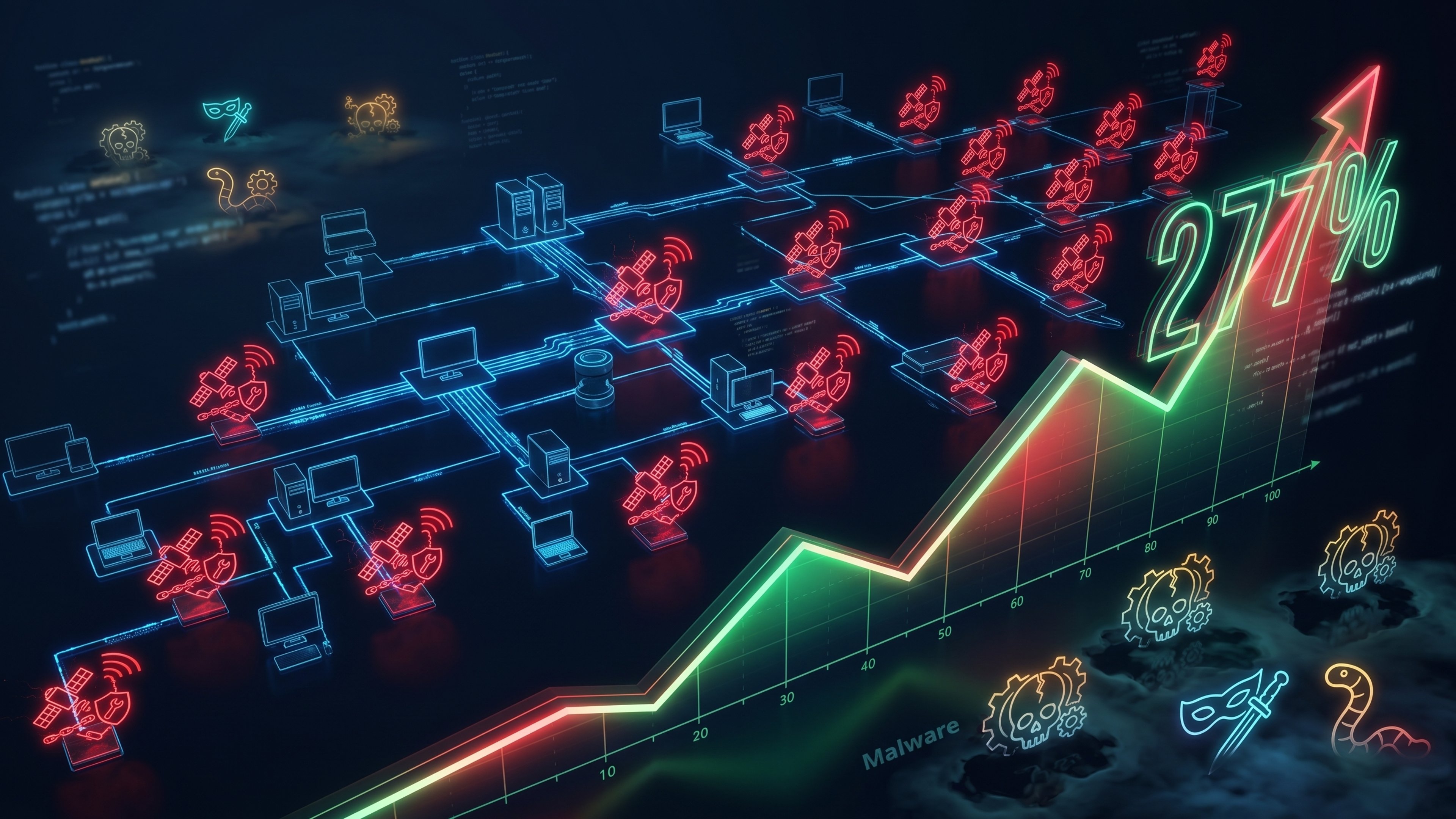 Cybersecurity visualization showing a 277% rise in RMM abuse attacks across enterprise networks, with remote management tools spreading between connected endpoints while traditional malware threats decline in the background, highlighting the shift toward living-off-the-land and remote access exploitation techniques.