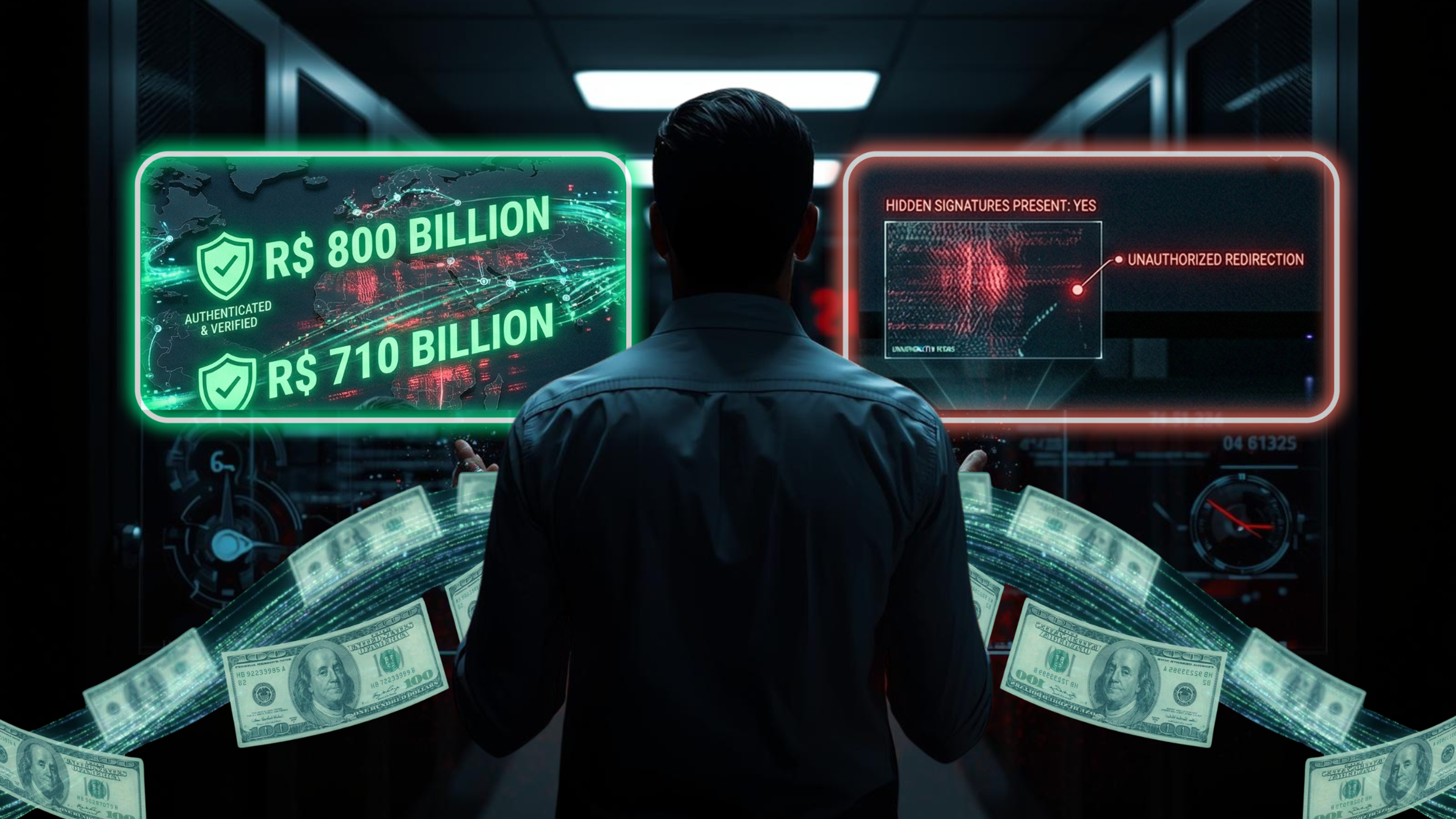 Cinematic cybersecurity scene of an insider with legitimate access monitoring a real-time payment system, where large authenticated financial transactions flow across a digital network while hidden malicious activity and unauthorized redirection take place, illustrating credential compromise, insider threats, and financial fraud in modern instant payment infrastructures.