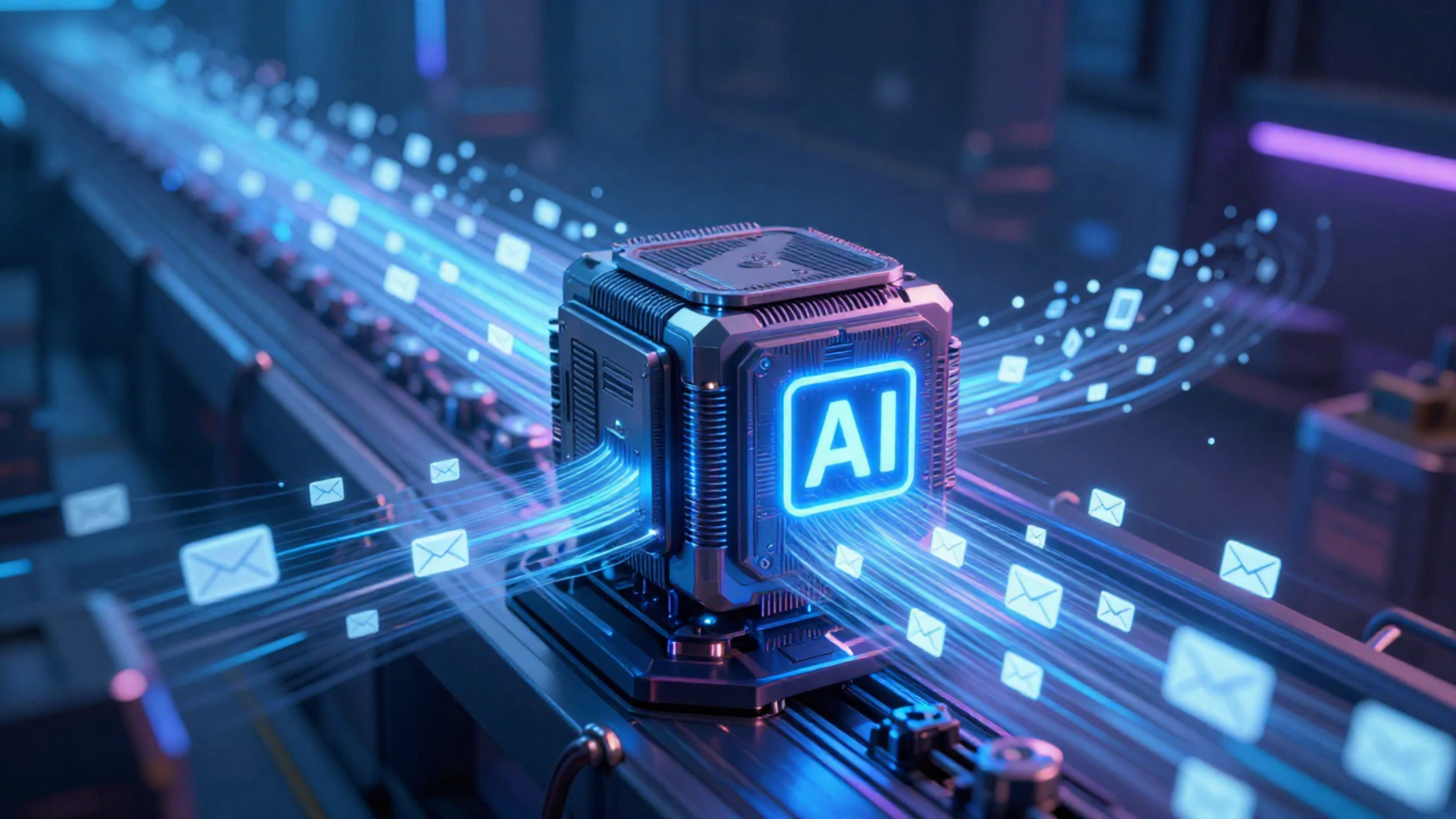 AI system generating large volumes of phishing emails, illustrating how artificial intelligence powers modern malware-free cyber attacks.