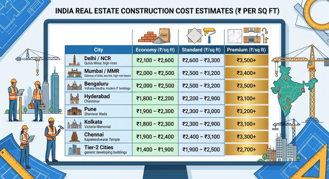 City-Wise Construction Cost Per Sq Ft in India — 2026