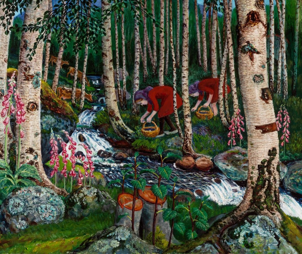 Painting fragment: Two girls dressed in red, holding baskets, foraging in the lush forest with a mountain in the background.