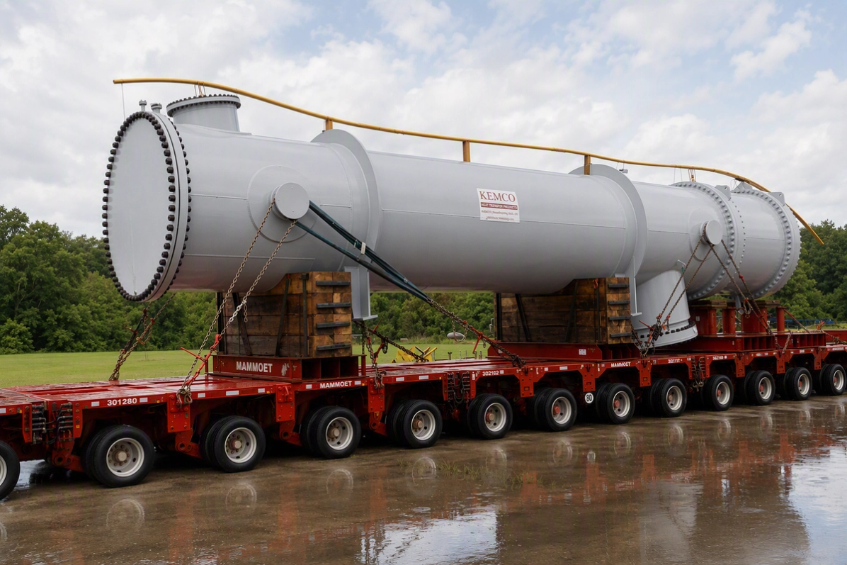 large industrial pressure vessel or heat exchanger being transported on a multi-axle heavy-haul modular trailer