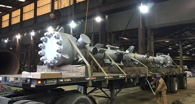 large industrial pressure vessel, specifically a distillation column or tower manufactured for the oil and gas or petrochemical industry. 