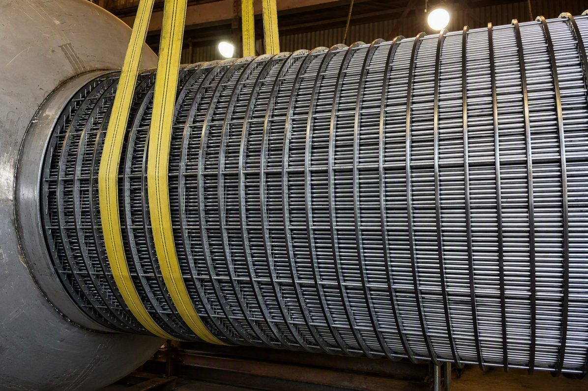 large industrial cylindrical wedge wire screen (also known as a slotted screen cylinder or filter drum) made of stainless steel.