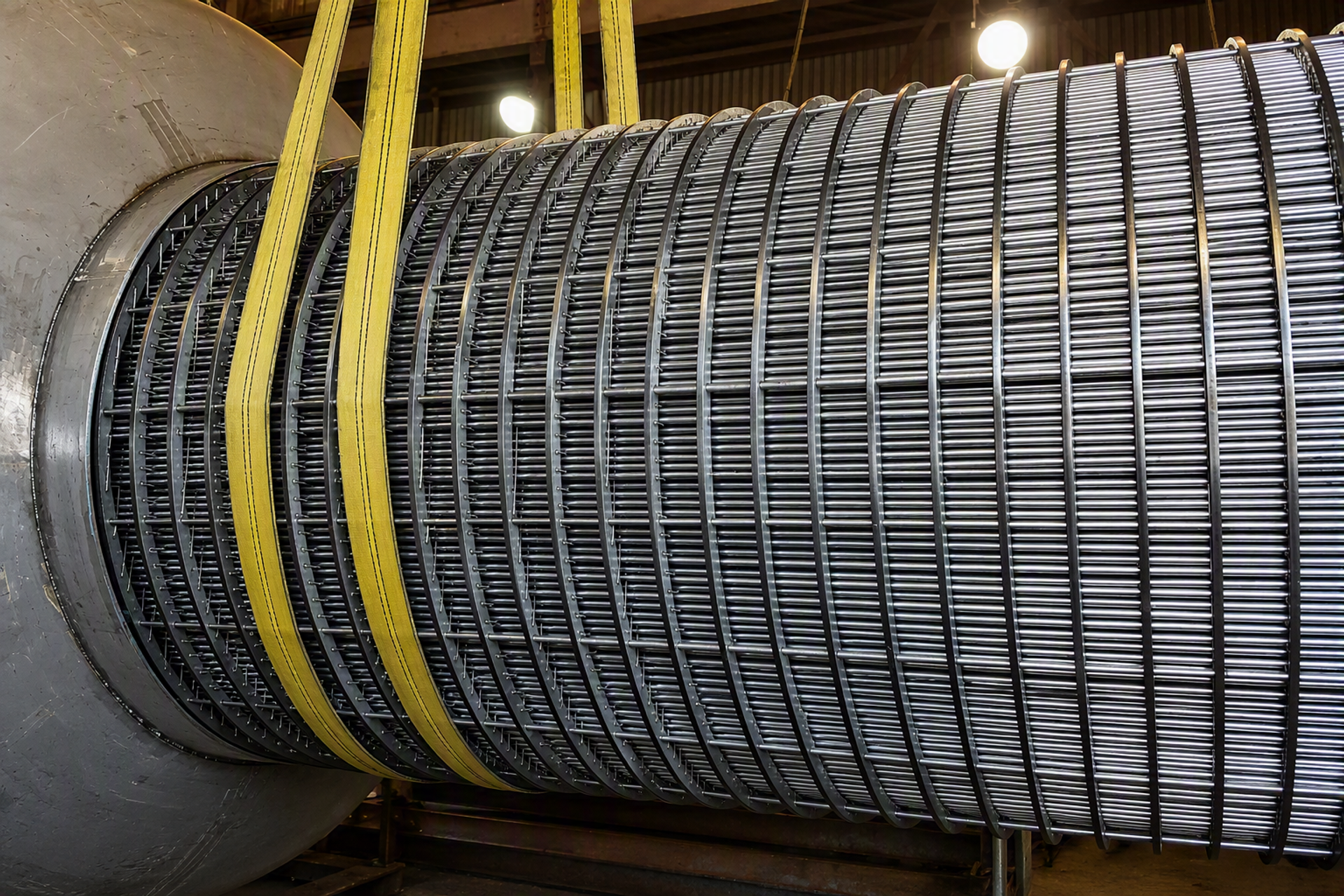 large industrial cylindrical wedge wire screen drum (also known as a slotted cylinder or wire-wrapped screen cylinder) being lifted by yellow hoisting straps.