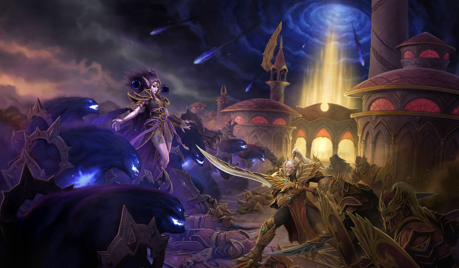 The Void and forces of Silvermoon battling in front of Silvermoon. Xal'atath and Lor'themar Theron are facing off at the lead of their armies. A large void portal is raining destruction in the background.