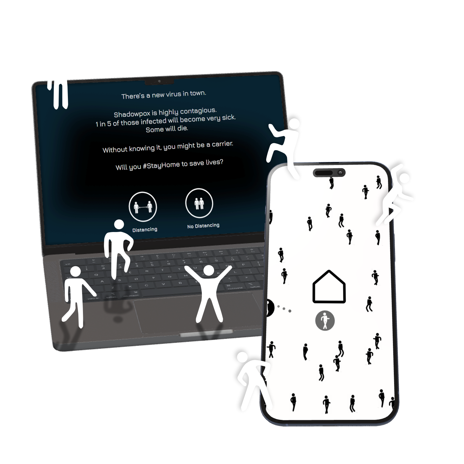 A laptop and phone display stick‑figure graphics and messages about a fictional contagious virus.