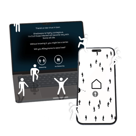 A laptop and phone display stick‑figure graphics and messages about a fictional contagious virus.