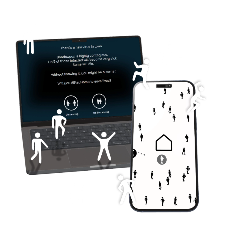 A laptop and phone display stick‑figure graphics and messages about a fictional contagious virus.