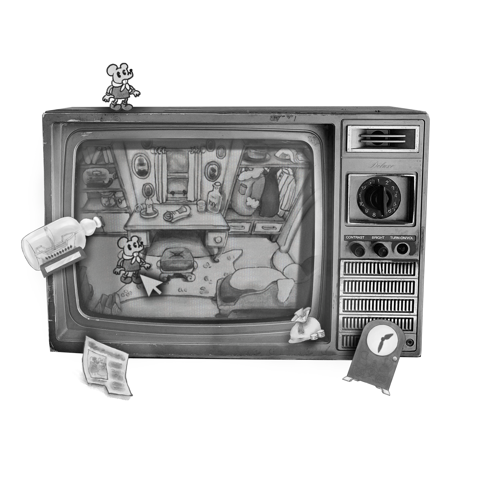 A retro TV displays a cartoon mouse in a cluttered room with a cursor pointing at it.