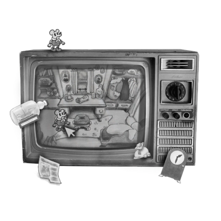 A retro TV displays a cartoon mouse in a cluttered room with a cursor pointing at it.