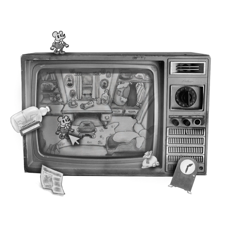 A retro TV displays a cartoon mouse in a cluttered room with a cursor pointing at it.