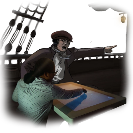 A person interacts with a glowing touchscreen table beside a drawn figure pointing toward a lantern hanging on a ship-like structure with ropes and barrels in the background.