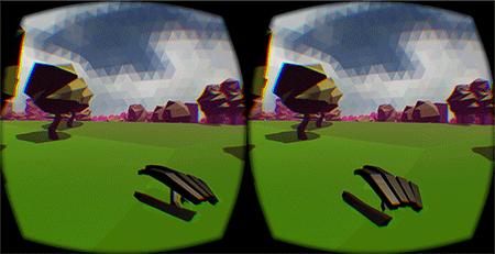 A screenshot of Blink in VR. Scene is a lowpoly forest environment