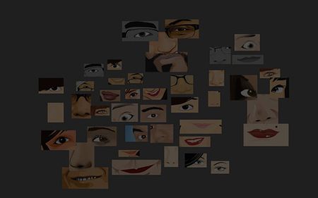 A collage of illustrated faces in different styles forming new faces.