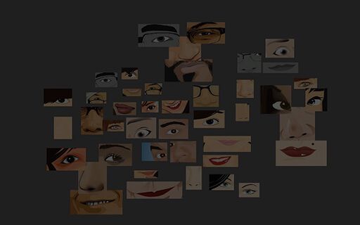 A collage of illustrated faces in different styles forming new faces.