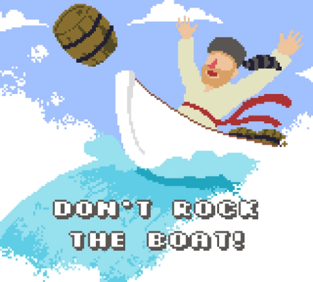 Title Screen of Don't Rock the Boat. A pixel art of a Canadian settler inside a boat trying to keep their boat and cargo afloat,