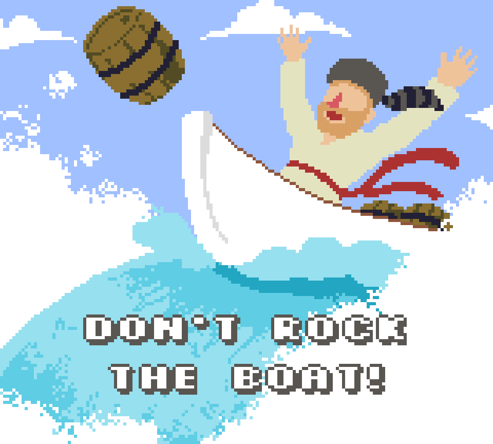 Title Screen of Don't Rock the Boat. A pixel art of a Canadian settler inside a boat trying to keep their boat and cargo afloat,