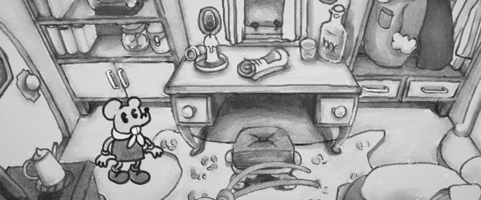 Screenshot of Gertie the Rat Game, a point and click adventure game. Illustrated in the 1920s cartoons.