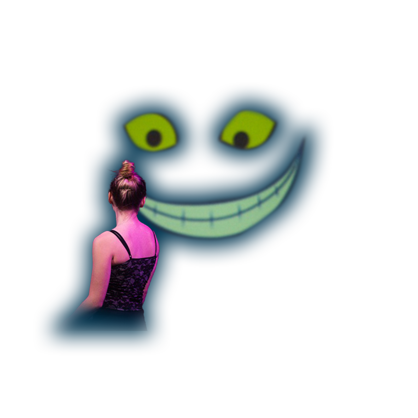 A person stands before a large glowing face with bright eyes and a wide grin.