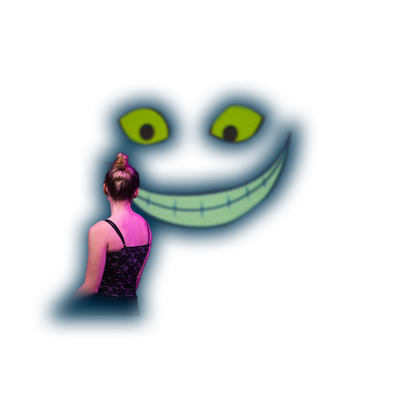 A person stands before a large glowing face with bright eyes and a wide grin.