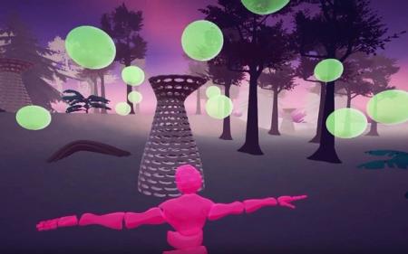 Screenshot of virtual world created for Encounter. Player's arms are reaching out in a purple foggy forest.