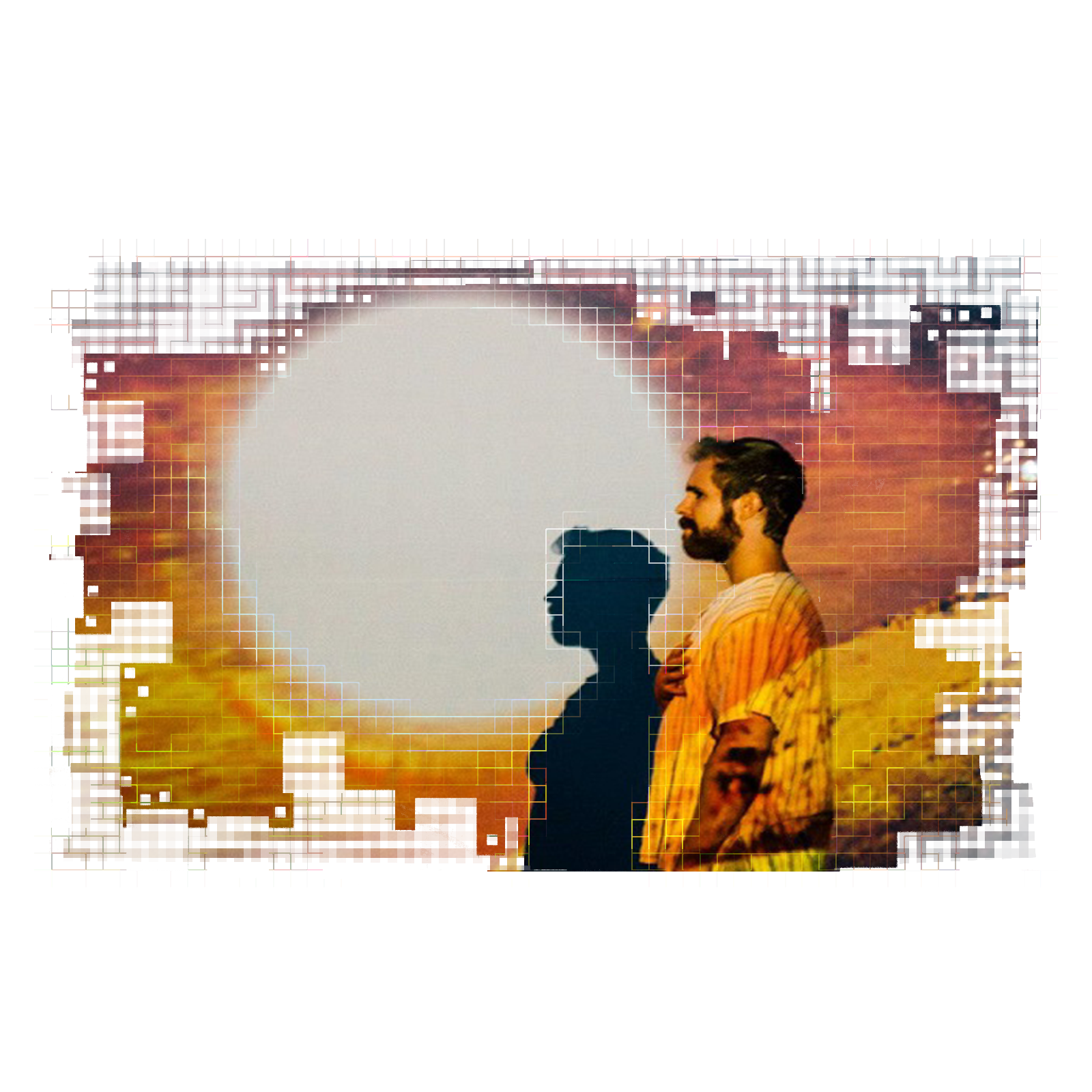 A person stands before a bright sun‑like circle with a projected silhouette and pixel effects.
