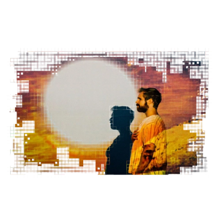 A person stands before a bright sun‑like circle with a projected silhouette and pixel effects.