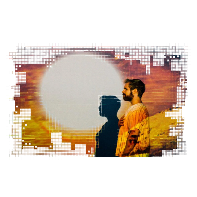 A person stands before a bright sun‑like circle with a projected silhouette and pixel effects.